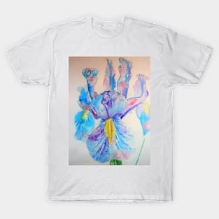 Iris Watercolor Painting - Blue with Raindrops T-Shirt